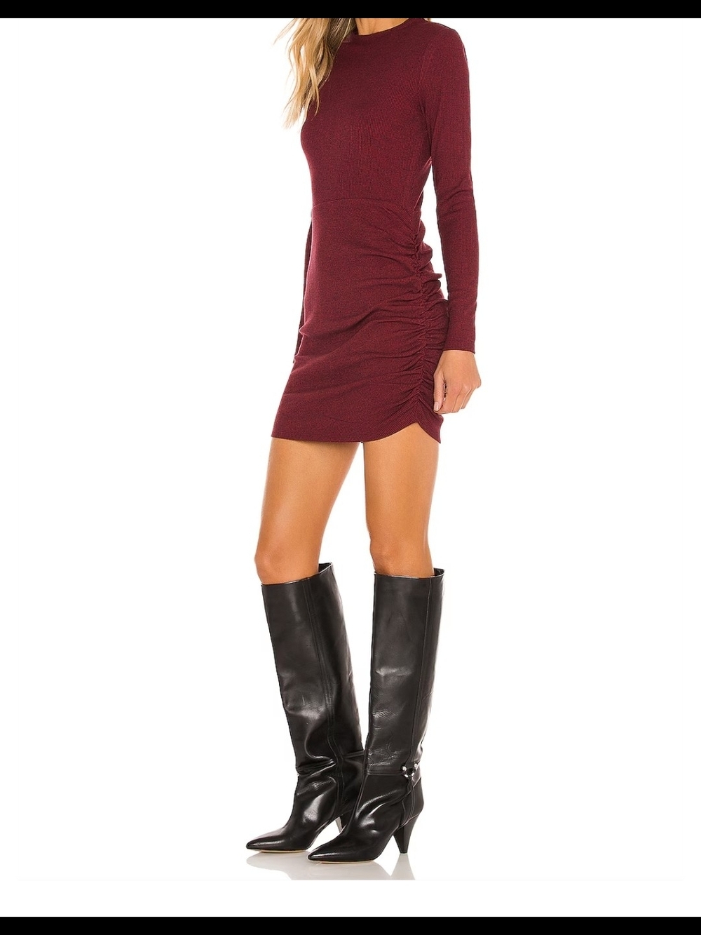 NWOT Lovers + Friends Burgundy Long-Sleeve Ruched Mini Dress Womens Size SMALL - Picture 2 of 15